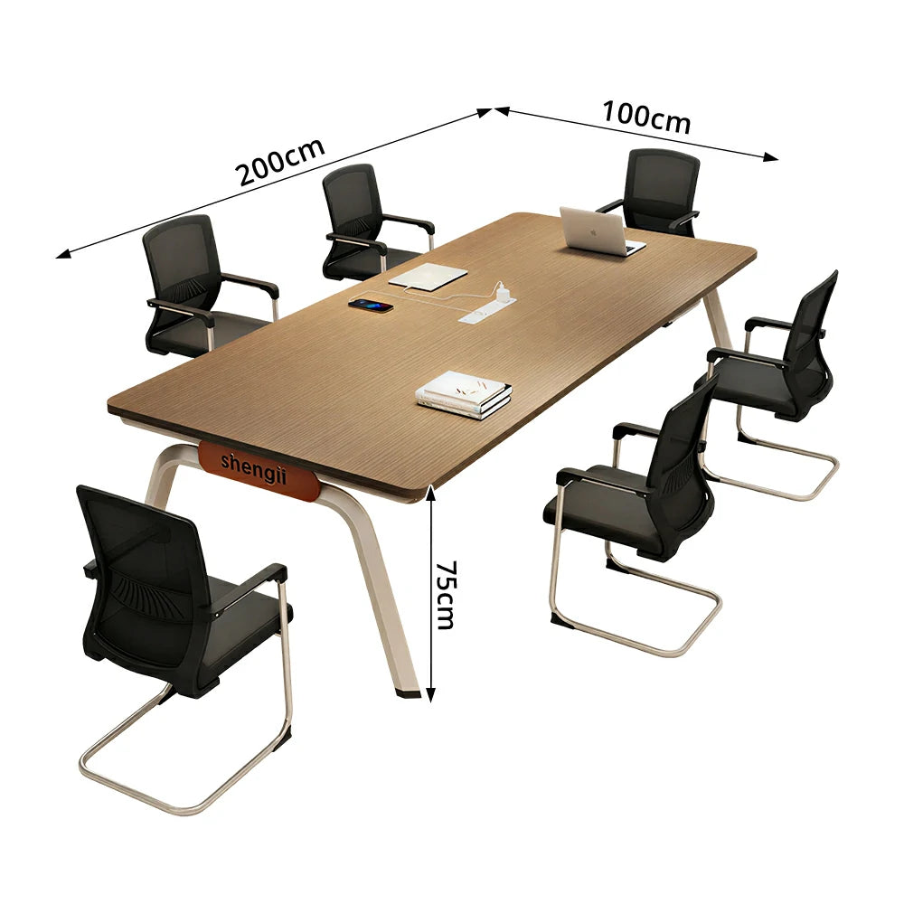 LIVARA 200cm Conference Table & 6 Chair Set with Plug-and-Play Power Socket, E1 Thickened Desktop & Carbon Steel Legs - Walnut & Black