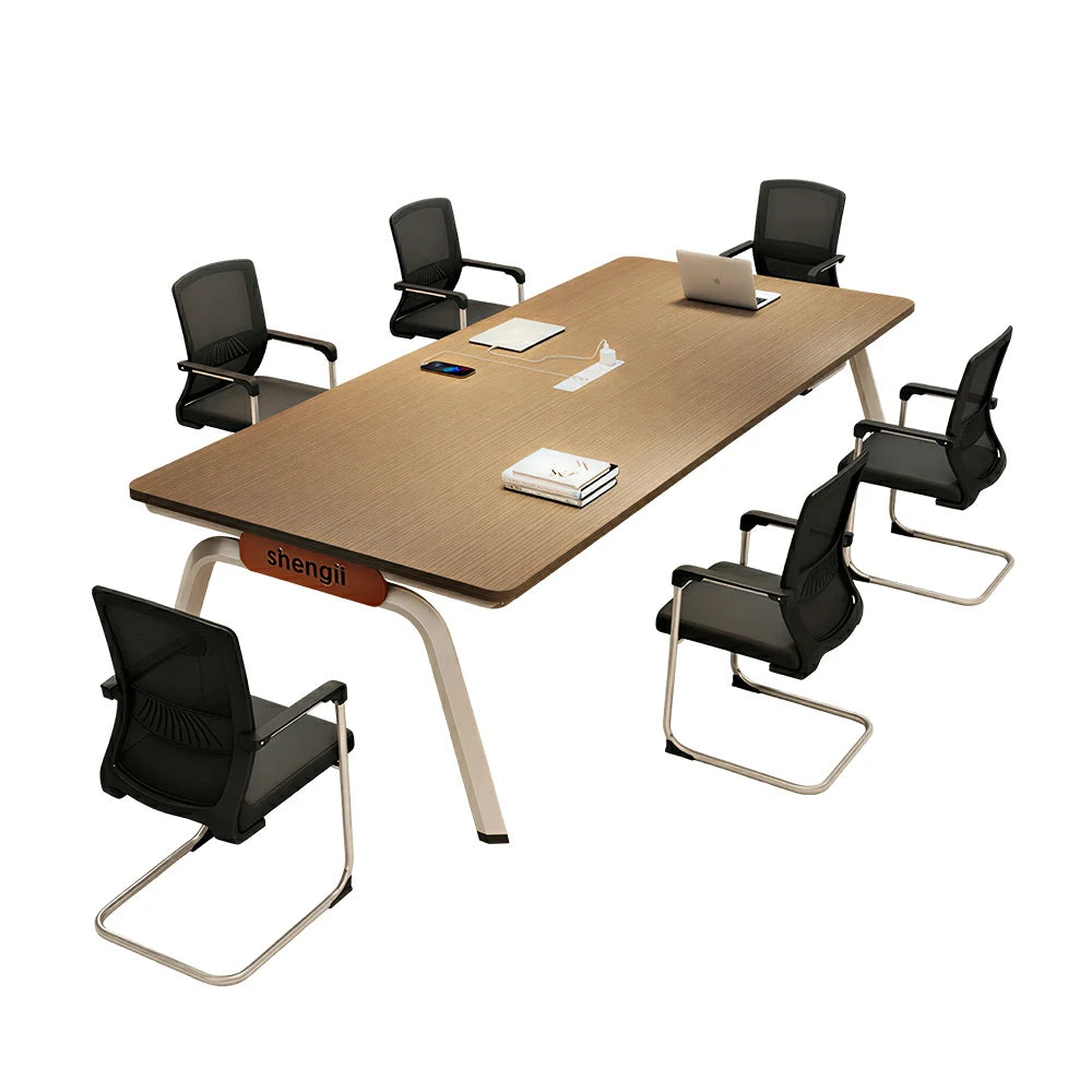 LIVARA 200cm Conference Table & 6 Chair Set with Plug-and-Play Power Socket, E1 Thickened Desktop & Carbon Steel Legs - Walnut & Black