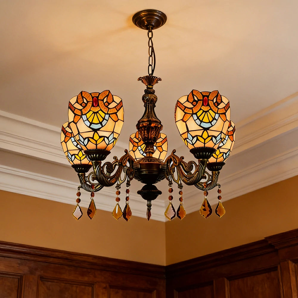 LIVARA 5-Light Stained Glass Chandelier Vintage Pendant Light Adjustable Chain 60x80cm Baroque Style Design for Dining Living Room