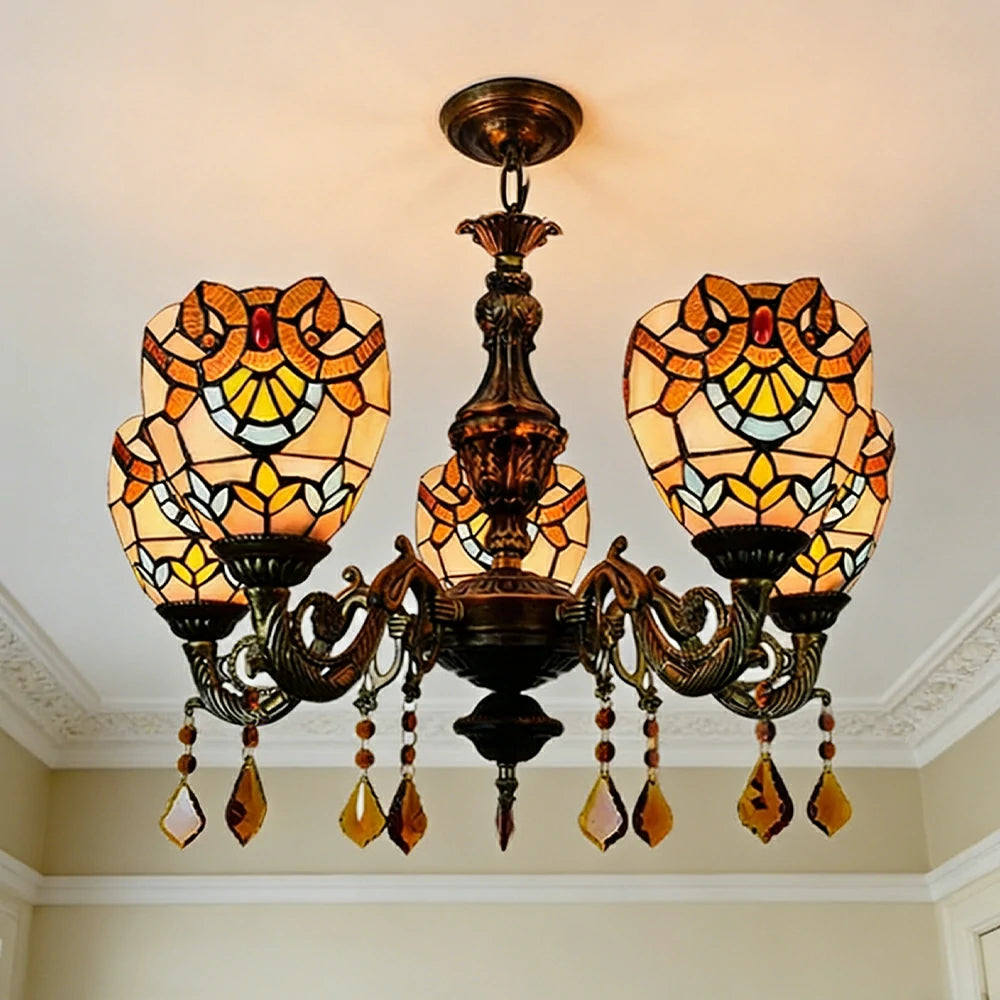 LIVARA 5-Light Stained Glass Chandelier Vintage Pendant Light Adjustable Chain 60x80cm Baroque Style Design for Dining Living Room