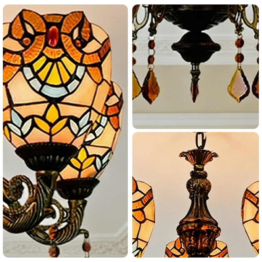 LIVARA 5-Light Stained Glass Chandelier Vintage Pendant Light Adjustable Chain 60x80cm Baroque Style Design for Dining Living Room