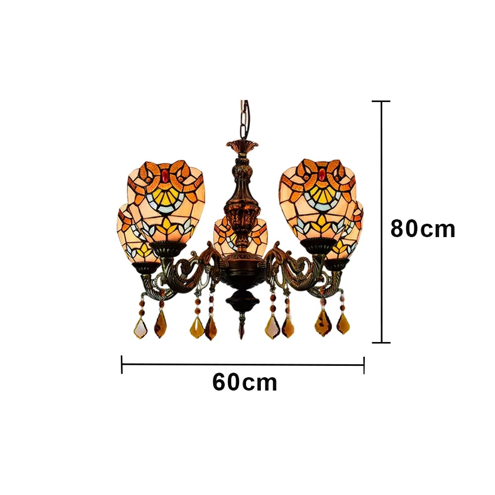 LIVARA 5-Light Stained Glass Chandelier Vintage Pendant Light Adjustable Chain 60x80cm Baroque Style Design for Dining Living Room