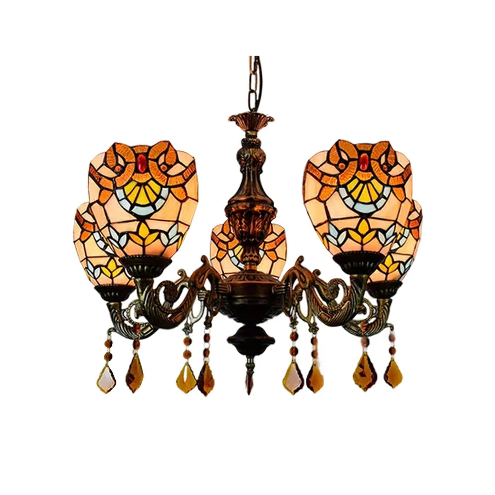 LIVARA 5-Light Stained Glass Chandelier Vintage Pendant Light Adjustable Chain 60x80cm Baroque Style Design for Dining Living Room