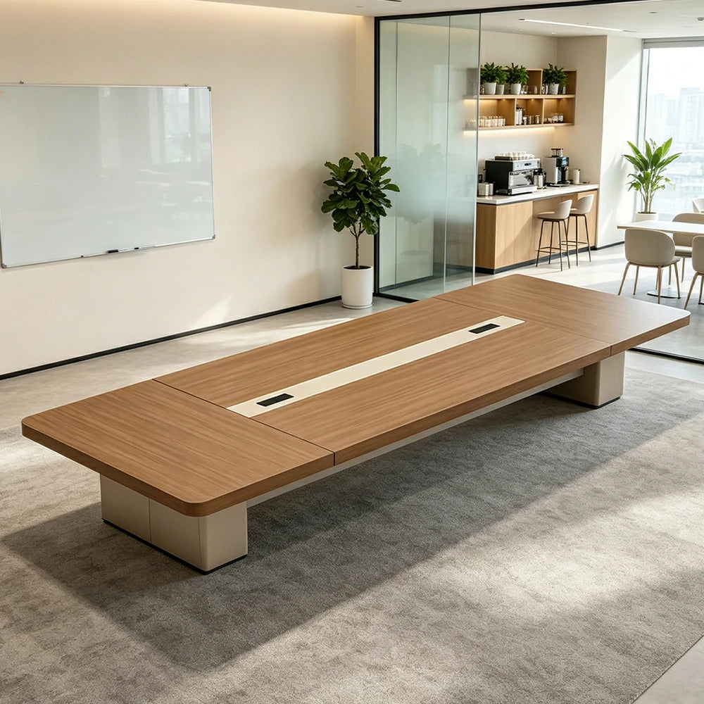 LIVARA 200cm/240cm Conference Table with Integrated Power Socket, E0 Grade Desktop & Carbon Steel Legs - Walnut & Beige