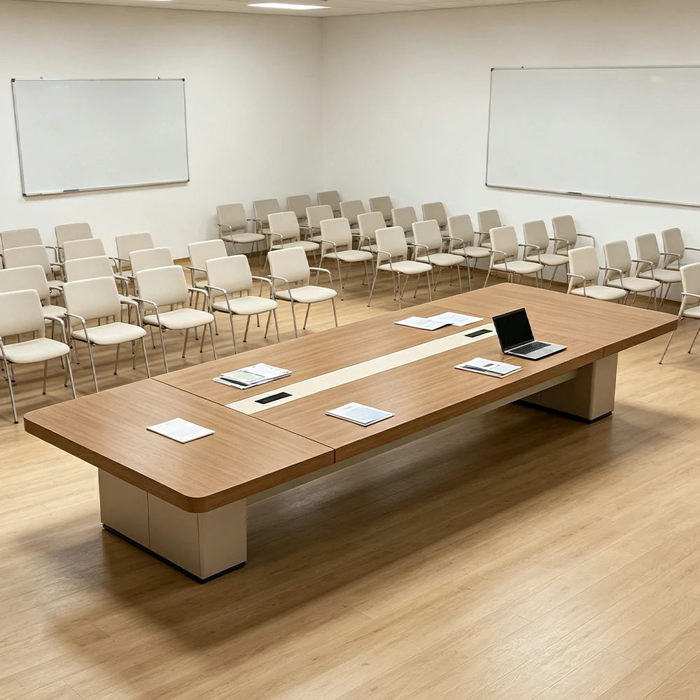 LIVARA 200cm/240cm Conference Table with Integrated Power Socket, E0 Grade Desktop & Carbon Steel Legs - Walnut & Beige