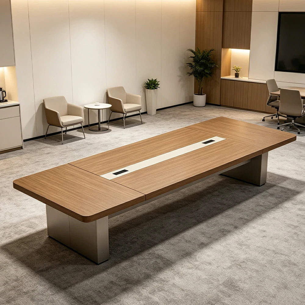 LIVARA 200cm/240cm Conference Table with Integrated Power Socket, E0 Grade Desktop & Carbon Steel Legs - Walnut & Beige