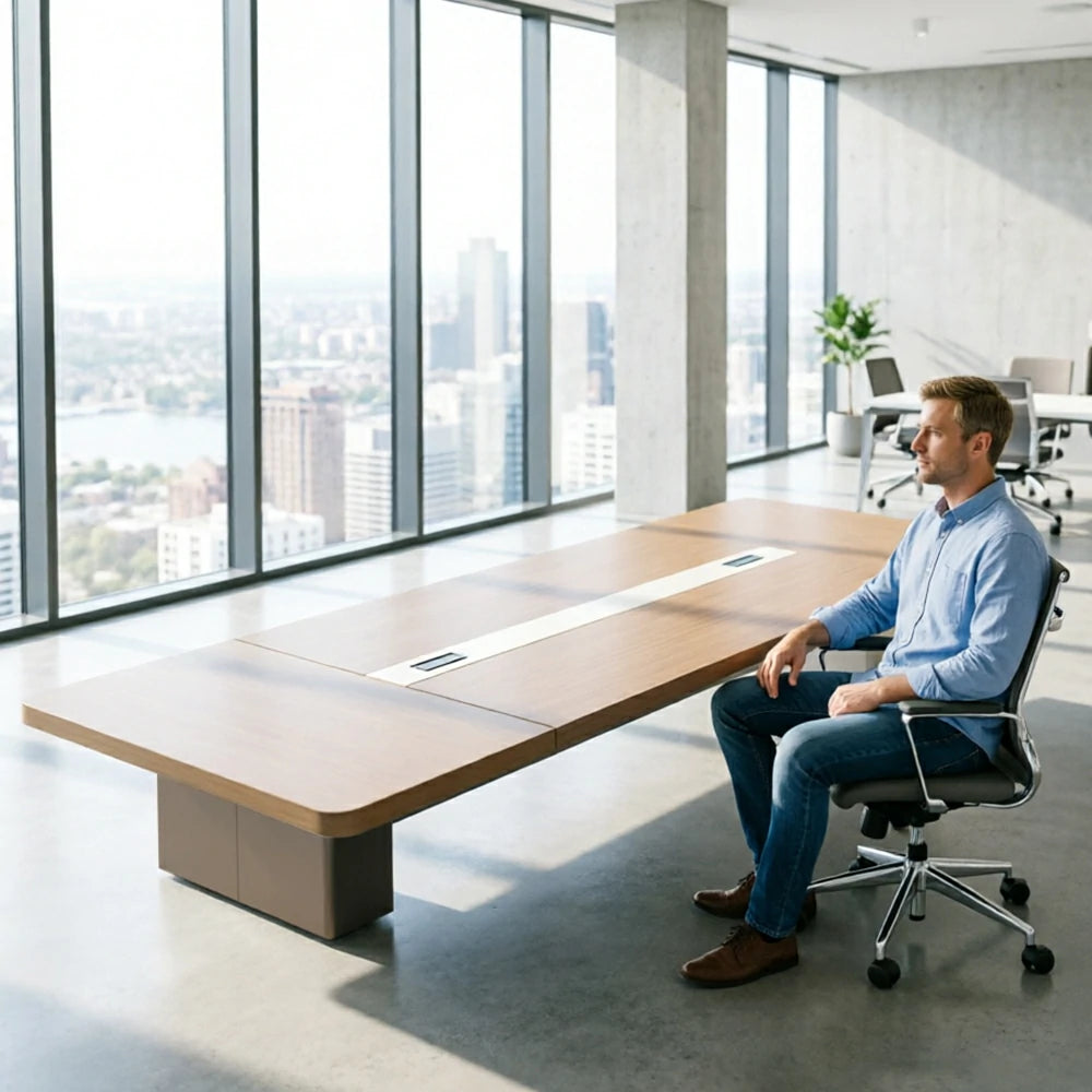 LIVARA 200cm/240cm Conference Table with Integrated Power Socket, E0 Grade Desktop & Carbon Steel Legs - Walnut & Beige