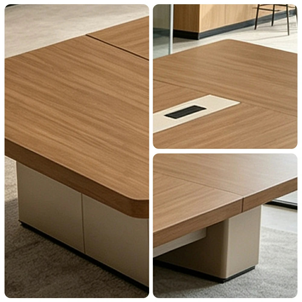 LIVARA 200cm/240cm Conference Table with Integrated Power Socket, E0 Grade Desktop & Carbon Steel Legs - Walnut & Beige