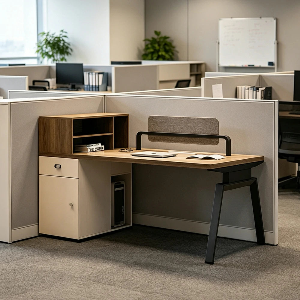 LIVARA 120cm/140cm Single Office Workstation Desk with Power Socket, Storage Cabinet, Privacy Screen & Steel Frame - Walnut & Beige