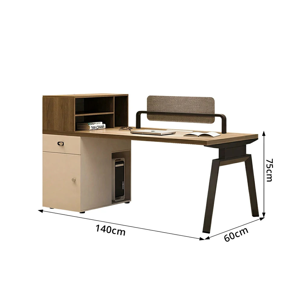 LIVARA 120cm/140cm Single Office Workstation Desk with Power Socket, Storage Cabinet, Privacy Screen & Steel Frame - Walnut & Beige