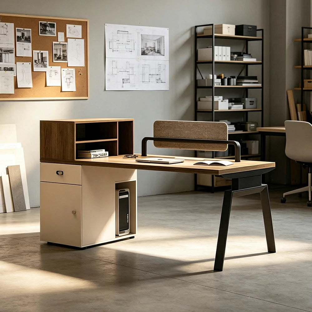 LIVARA 120cm/140cm Single Office Workstation Desk with Power Socket, Storage Cabinet, Privacy Screen & Steel Frame - Walnut & Beige