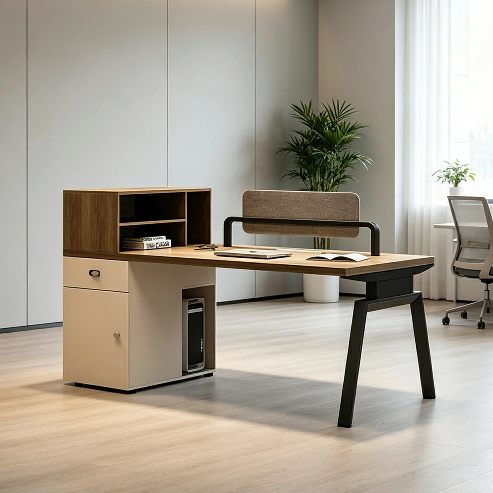 LIVARA 120cm/140cm Single Office Workstation Desk with Power Socket, Storage Cabinet, Privacy Screen & Steel Frame - Walnut & Beige