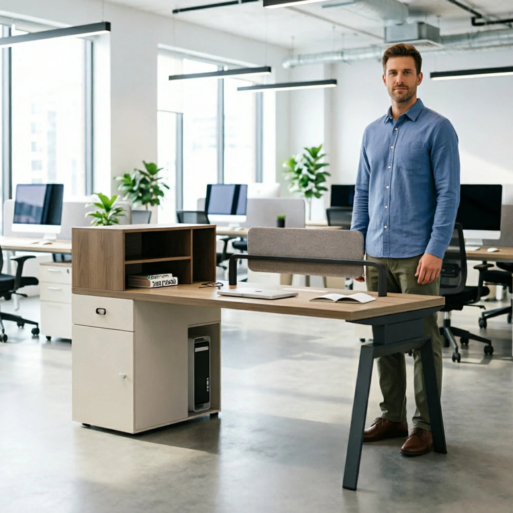 LIVARA 120cm/140cm Single Office Workstation Desk with Power Socket, Storage Cabinet, Privacy Screen & Steel Frame - Walnut & Beige