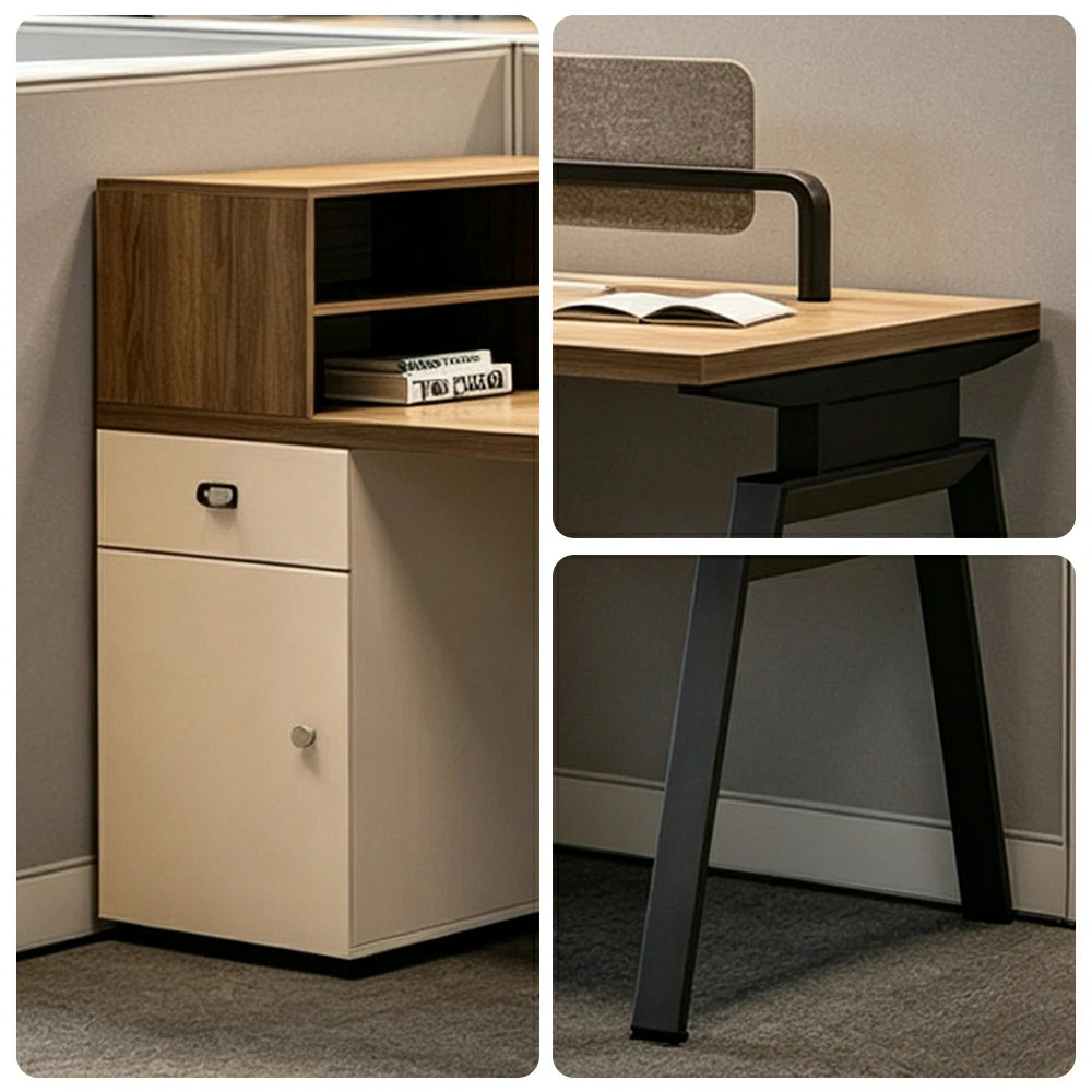 LIVARA 120cm/140cm Single Office Workstation Desk with Power Socket, Storage Cabinet, Privacy Screen & Steel Frame - Walnut & Beige