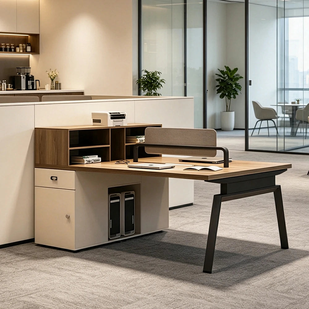 LIVARA 120cm/140cm 2-Person Face-to-Face Office Workstation with Power Socket, Storage Cabinet & Privacy Screen - Walnut & Beige