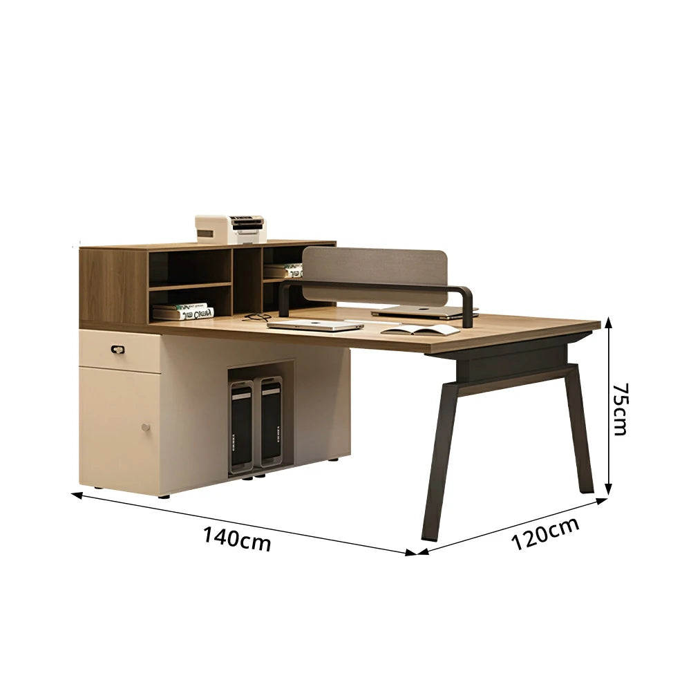 LIVARA 120cm/140cm 2-Person Face-to-Face Office Workstation with Power Socket, Storage Cabinet & Privacy Screen - Walnut & Beige