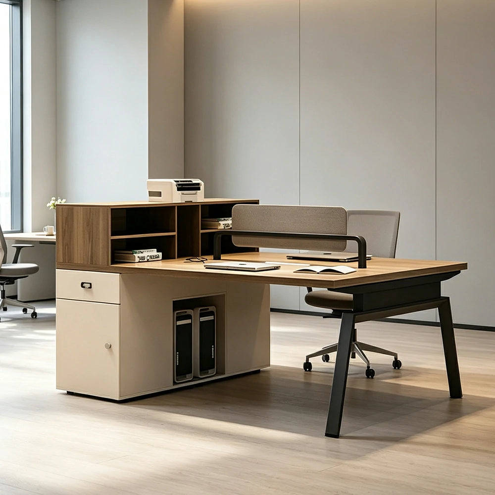 LIVARA 120cm/140cm 2-Person Face-to-Face Office Workstation with Power Socket, Storage Cabinet & Privacy Screen - Walnut & Beige
