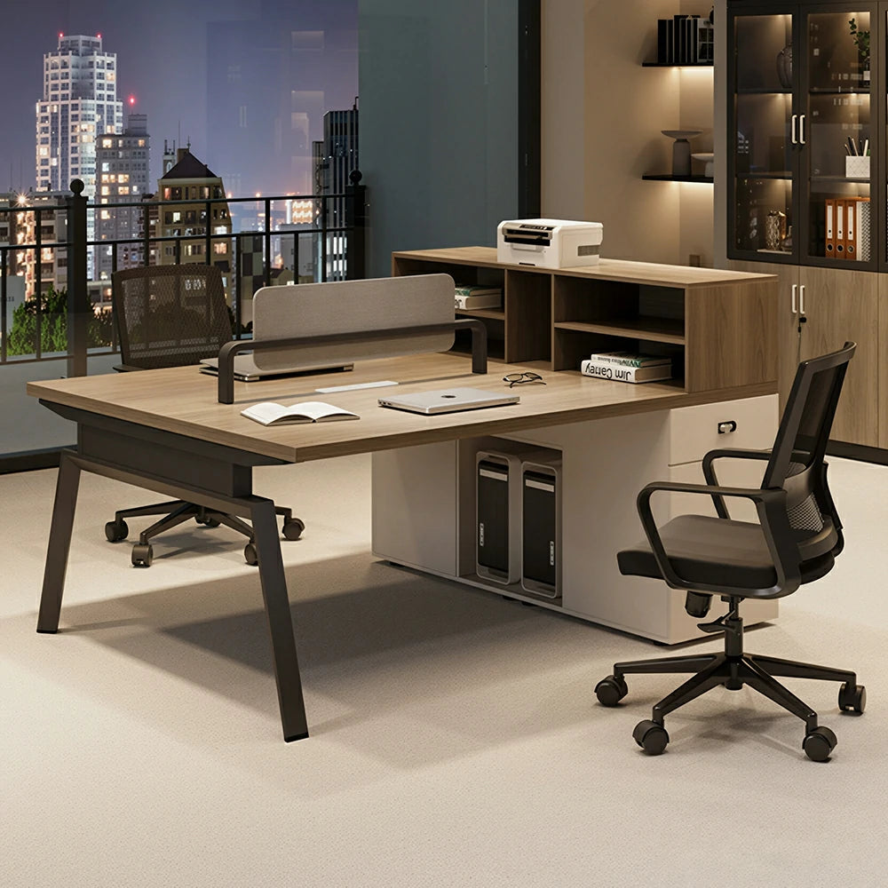 LIVARA 120cm/140cm 2-Person Face-to-Face Office Workstation with Power Socket, Storage Cabinet & Privacy Screen - Walnut & Beige