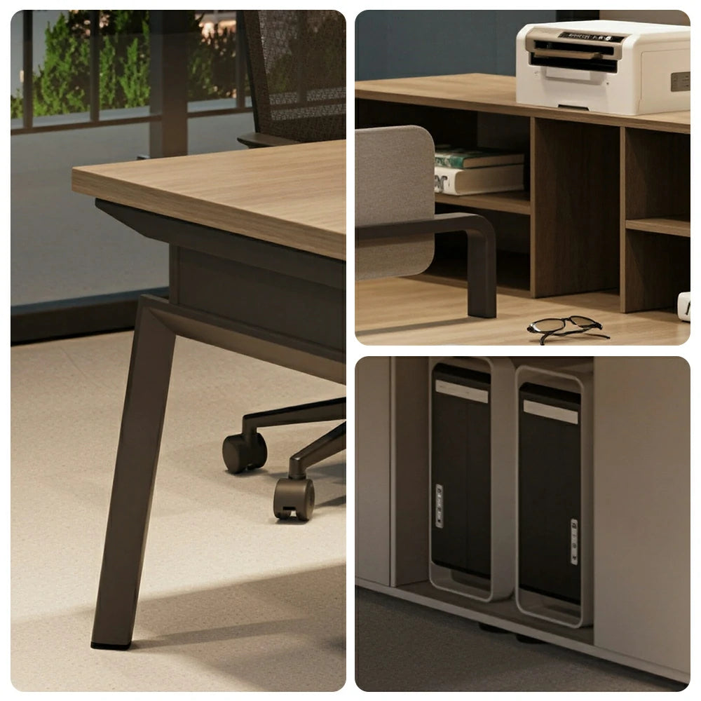 LIVARA 120cm/140cm 2-Person Face-to-Face Office Workstation with Power Socket, Storage Cabinet & Privacy Screen - Walnut & Beige