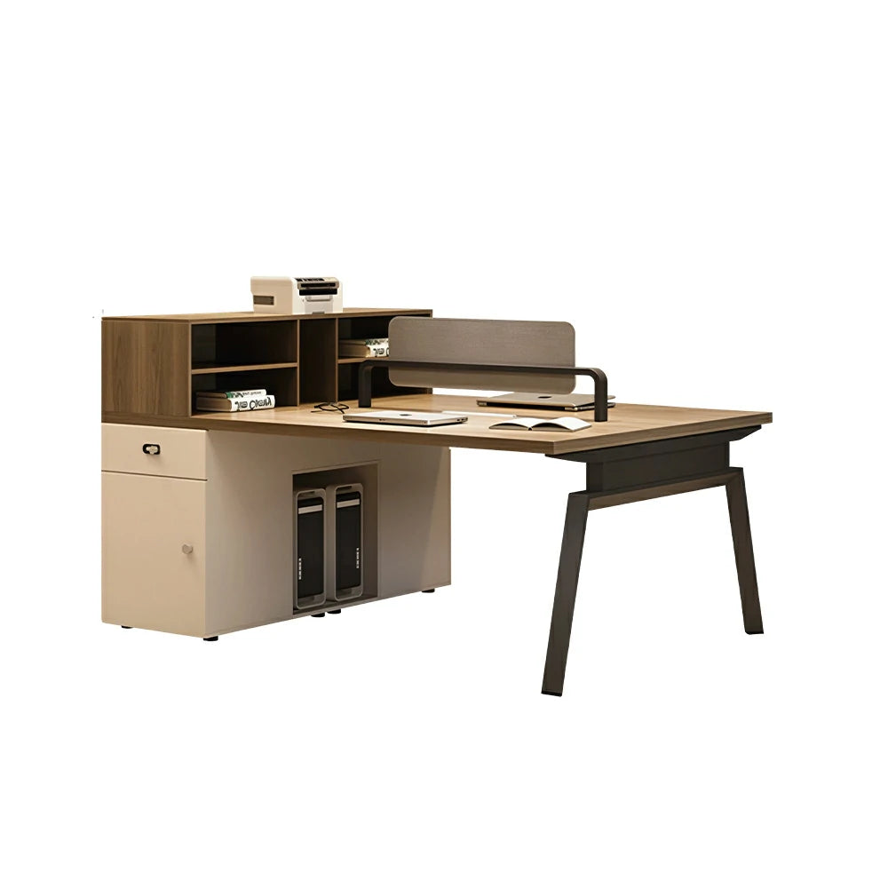 LIVARA 120cm/140cm 2-Person Face-to-Face Office Workstation with Power Socket, Storage Cabinet & Privacy Screen - Walnut & Beige