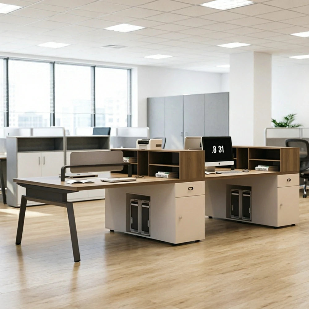 LIVARA 240cm/280cm 4-Person Face-to-Face Office Workstation with Power Socket, Storage Cabinets & Privacy Screens - Walnut & Beige