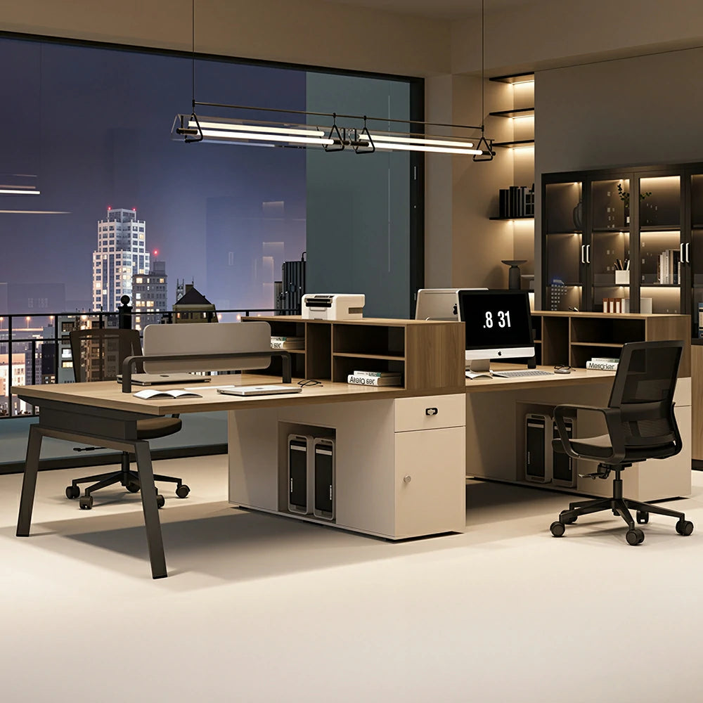 LIVARA 240cm/280cm 4-Person Face-to-Face Office Workstation with Power Socket, Storage Cabinets & Privacy Screens - Walnut & Beige
