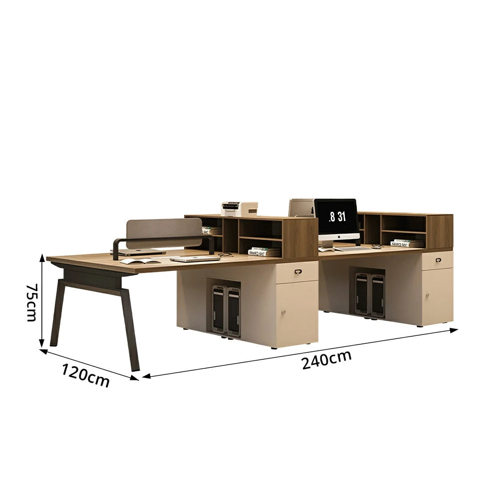 LIVARA 240cm/280cm 4-Person Face-to-Face Office Workstation with Power Socket, Storage Cabinets & Privacy Screens - Walnut & Beige