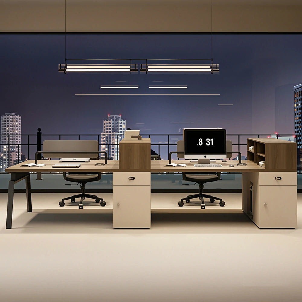LIVARA 240cm/280cm 4-Person Face-to-Face Office Workstation with Power Socket, Storage Cabinets & Privacy Screens - Walnut & Beige
