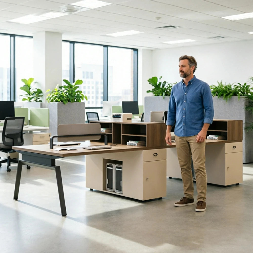 LIVARA 240cm/280cm 4-Person Face-to-Face Office Workstation with Power Socket, Storage Cabinets & Privacy Screens - Walnut & Beige