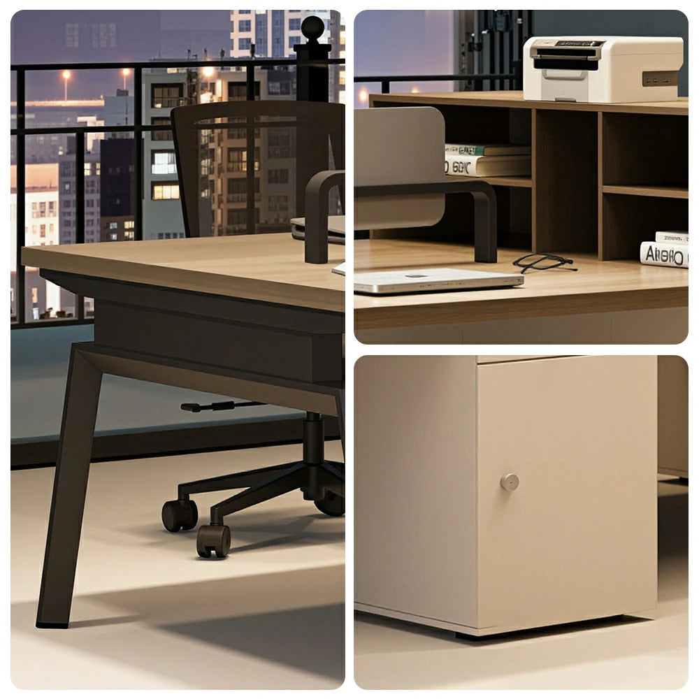LIVARA 240cm/280cm 4-Person Face-to-Face Office Workstation with Power Socket, Storage Cabinets & Privacy Screens - Walnut & Beige