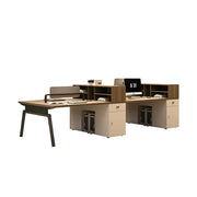 LIVARA 240cm/280cm 4-Person Face-to-Face Office Workstation with Power Socket, Storage Cabinets & Privacy Screens - Walnut & Beige