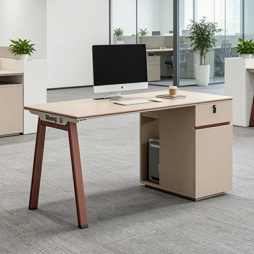 LIVARA 120/140cm Single Office Desk with Power Socket, Storage Cabinet & Hidden Cable Management - Burgundy & Apricot