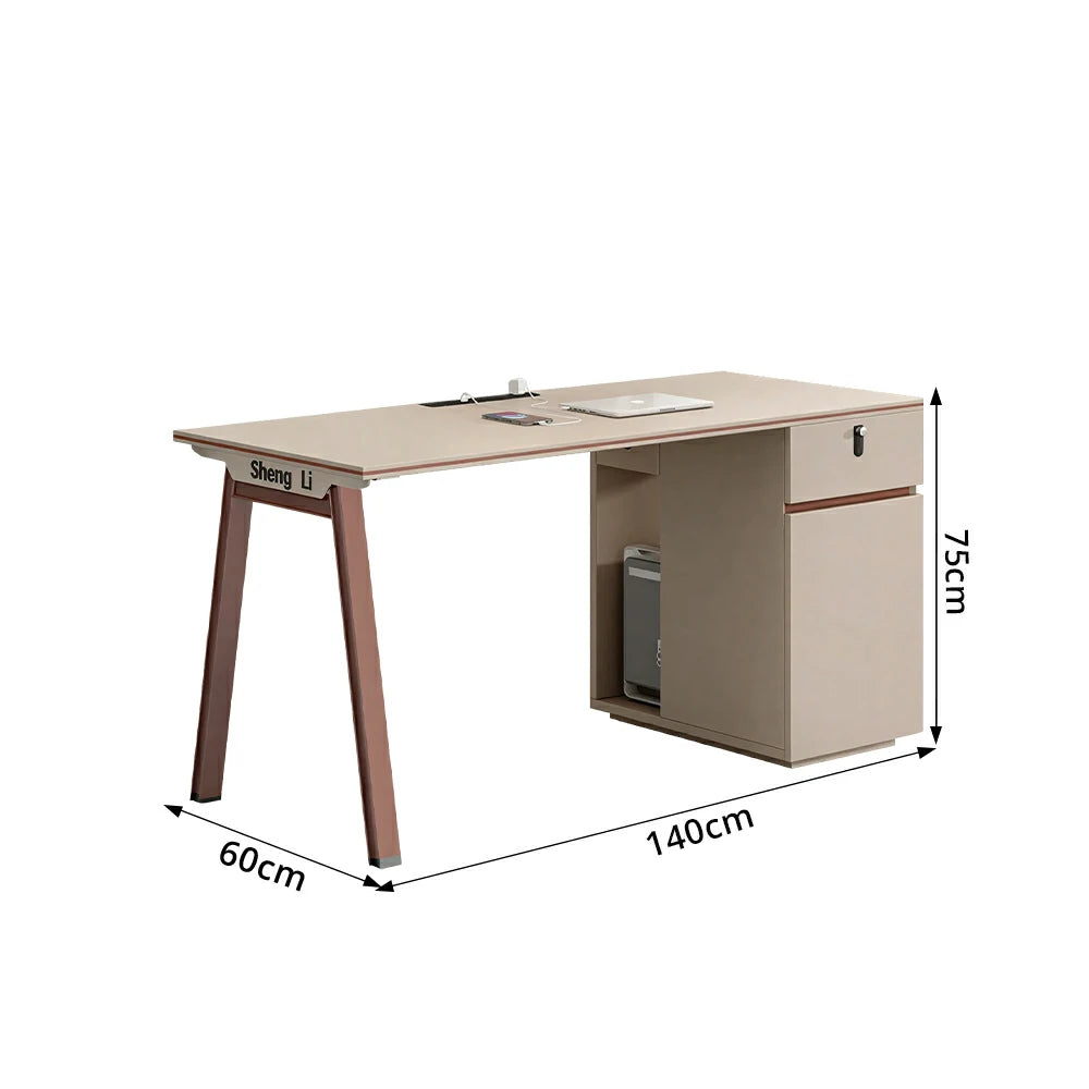LIVARA 120/140cm Single Office Desk with Power Socket, Storage Cabinet & Hidden Cable Management - Burgundy & Apricot