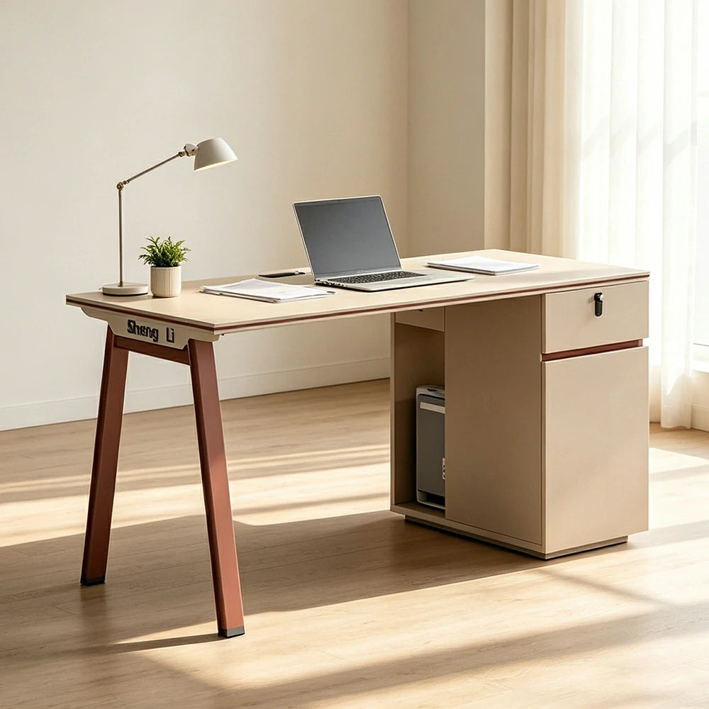 LIVARA 120/140cm Single Office Desk with Power Socket, Storage Cabinet & Hidden Cable Management - Burgundy & Apricot