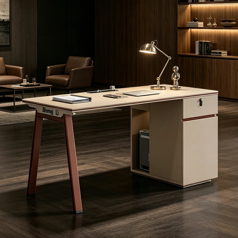 LIVARA 120/140cm Single Office Desk with Power Socket, Storage Cabinet & Hidden Cable Management - Burgundy & Apricot