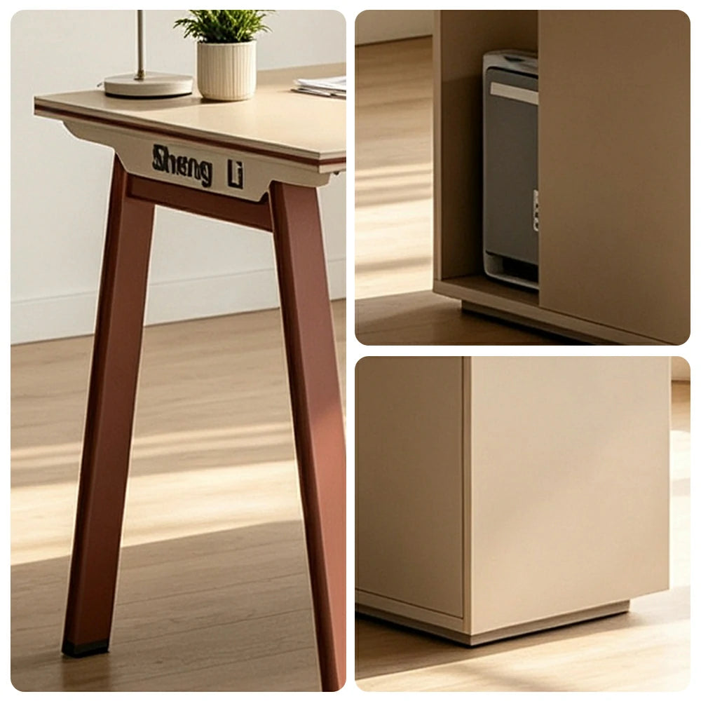 LIVARA 120/140cm Single Office Desk with Power Socket, Storage Cabinet & Hidden Cable Management - Burgundy & Apricot
