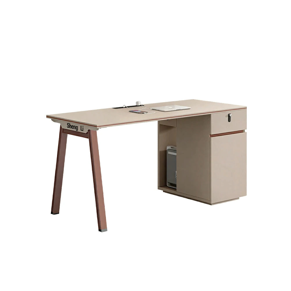 LIVARA 120/140cm Single Office Desk with Power Socket, Storage Cabinet & Hidden Cable Management - Burgundy & Apricot