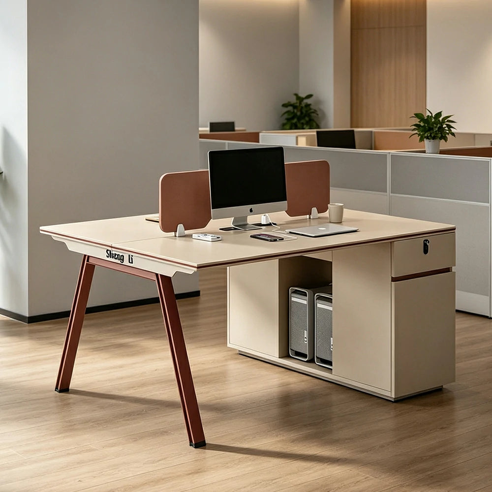 LIVARA 120/140cm Face to Face 2 Person Office Desk, Acoustic Partition, Plug-and-Play Power Socket, Side Cabinet Storage - Apricot & Maroon