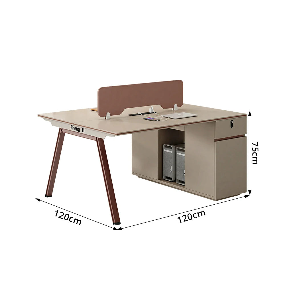 LIVARA 120/140cm Face to Face 2 Person Office Desk, Acoustic Partition, Plug-and-Play Power Socket, Side Cabinet Storage - Apricot & Maroon