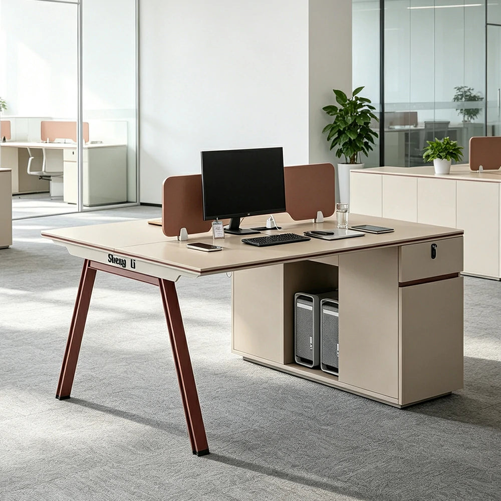 LIVARA 120/140cm Face to Face 2 Person Office Desk, Acoustic Partition, Plug-and-Play Power Socket, Side Cabinet Storage - Apricot & Maroon