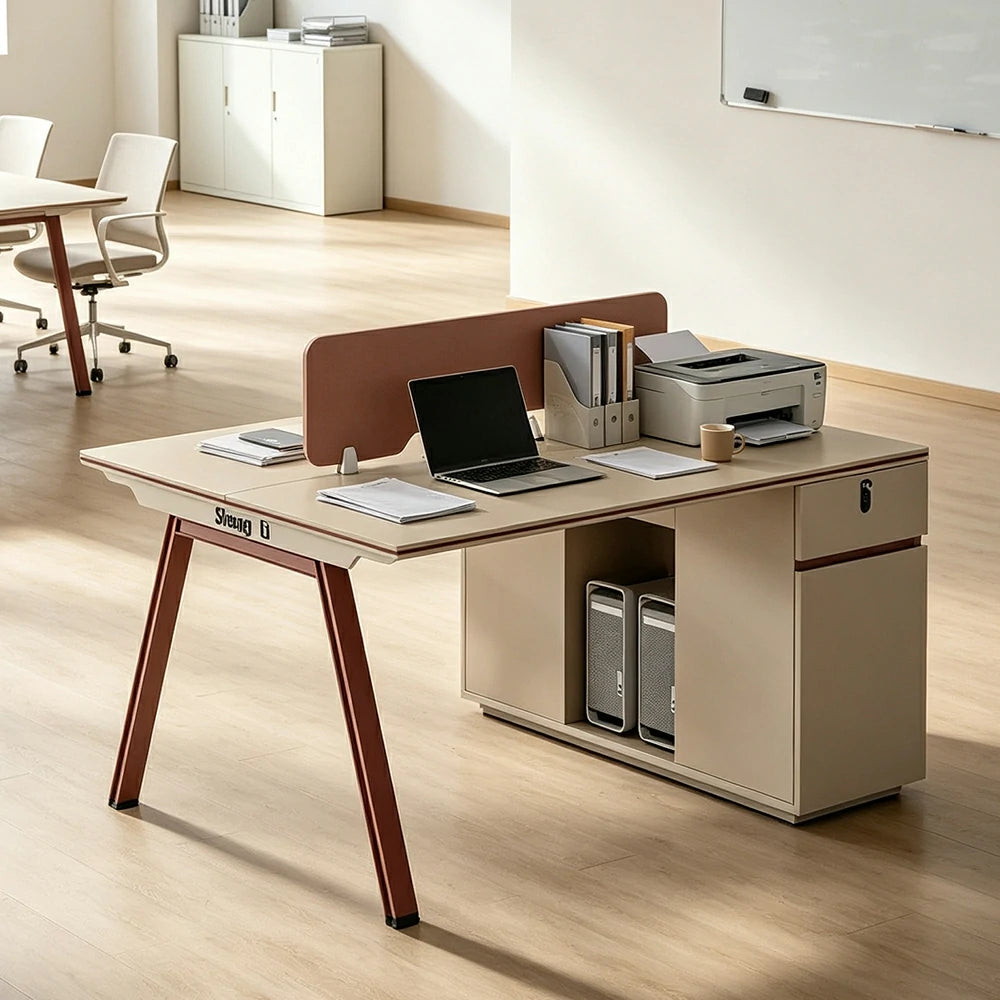 LIVARA 120/140cm Face to Face 2 Person Office Desk, Acoustic Partition, Plug-and-Play Power Socket, Side Cabinet Storage - Apricot & Maroon