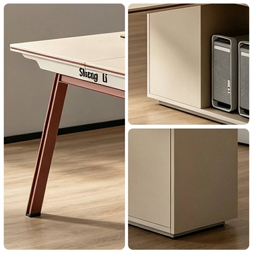 LIVARA 120/140cm Face to Face 2 Person Office Desk, Acoustic Partition, Plug-and-Play Power Socket, Side Cabinet Storage - Apricot & Maroon