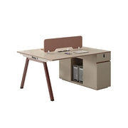 LIVARA 120/140cm Face to Face 2 Person Office Desk, Acoustic Partition, Plug-and-Play Power Socket, Side Cabinet Storage - Apricot & Maroon