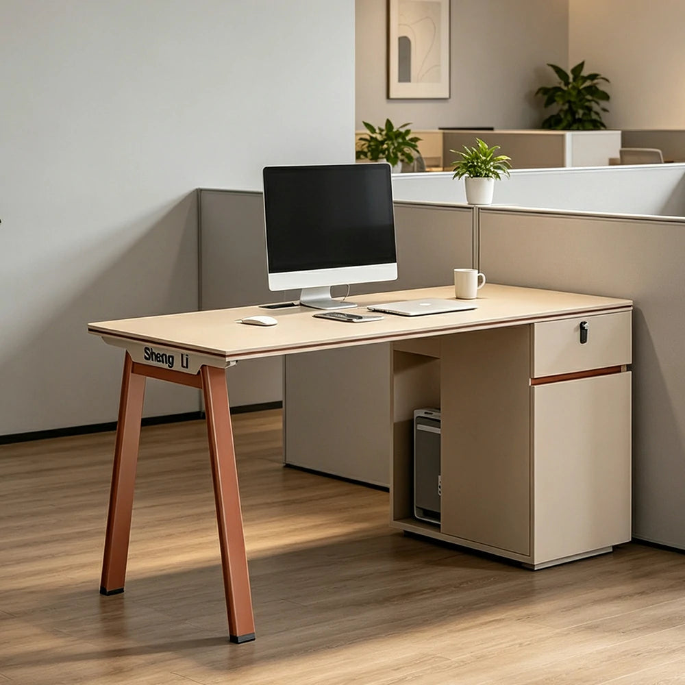 LIVARA 120/140cm Single Person Office Desk, Built-in Power Socket, Lockable Side Cabinet, E1 Eco Board - Apricot & Russet Orange