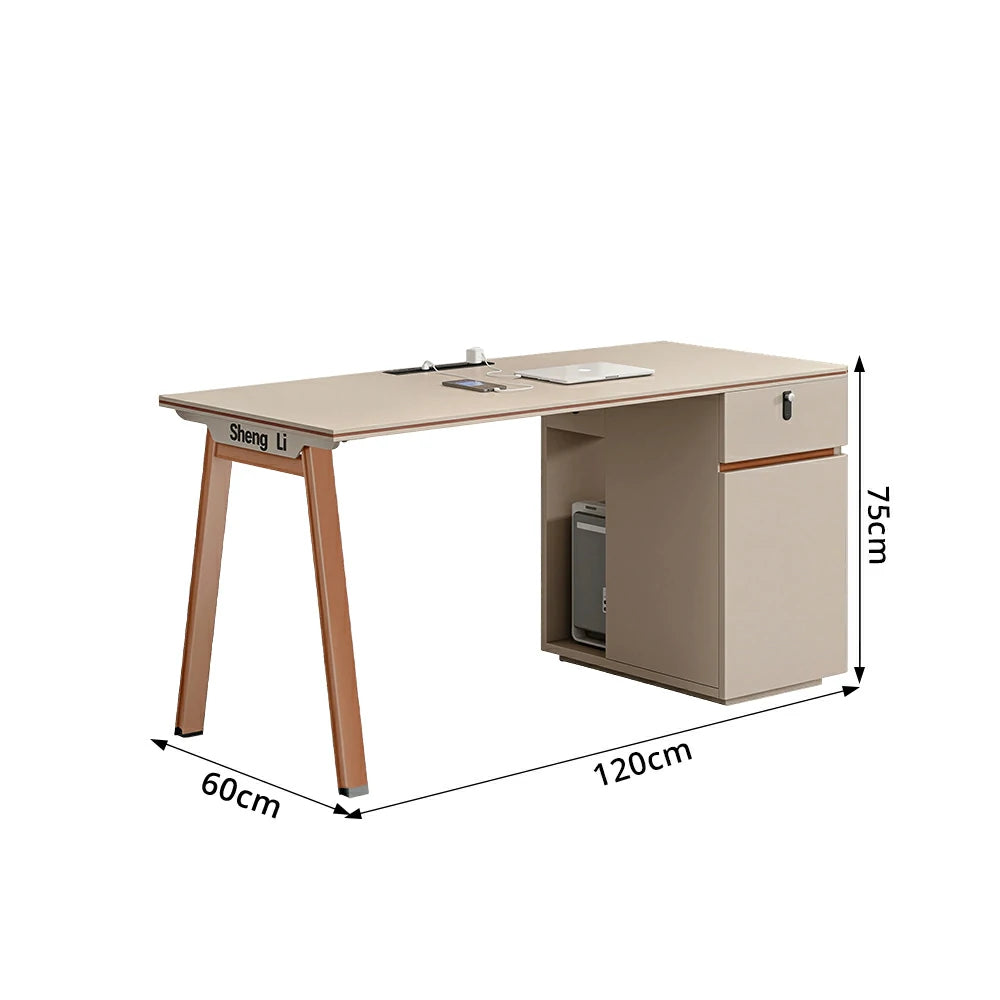 LIVARA 120/140cm Single Person Office Desk, Built-in Power Socket, Lockable Side Cabinet, E1 Eco Board - Apricot & Russet Orange