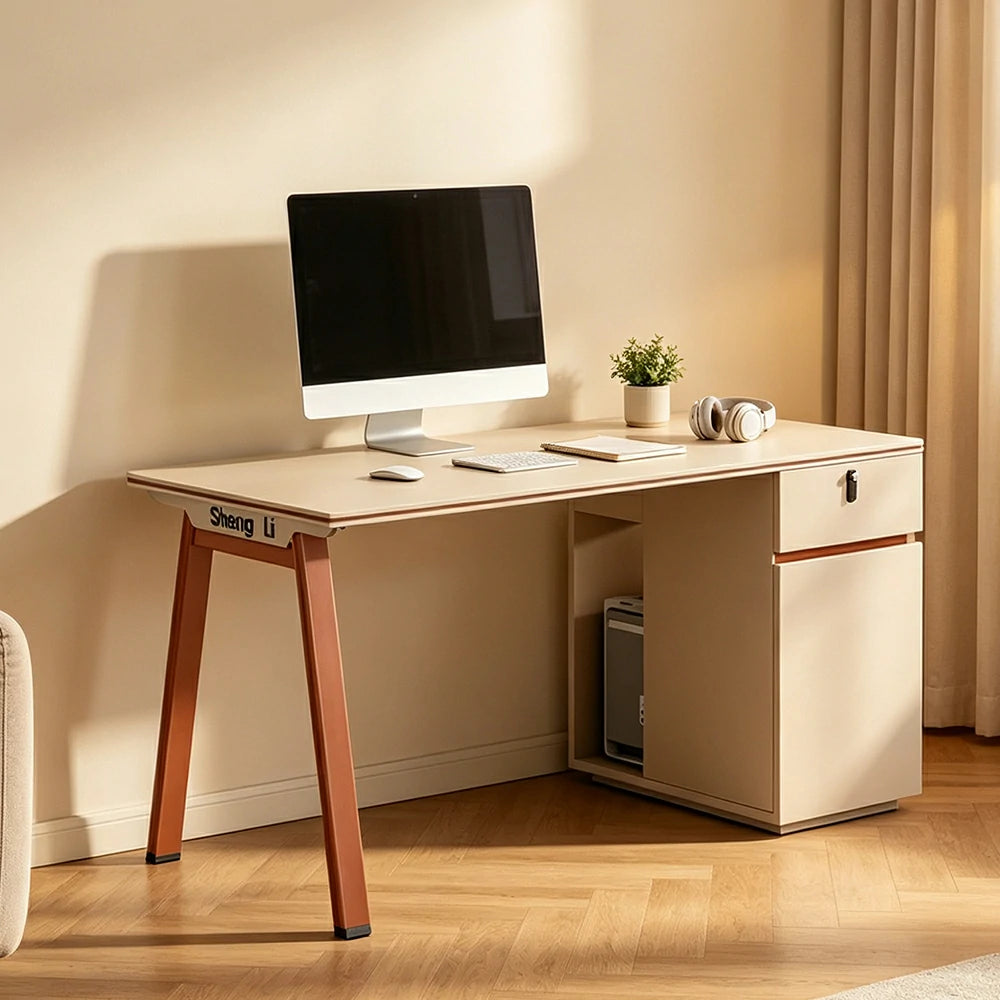 LIVARA 120/140cm Single Person Office Desk, Built-in Power Socket, Lockable Side Cabinet, E1 Eco Board - Apricot & Russet Orange