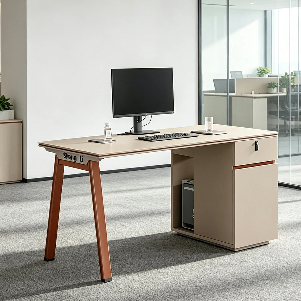 LIVARA 120/140cm Single Person Office Desk, Built-in Power Socket, Lockable Side Cabinet, E1 Eco Board - Apricot & Russet Orange