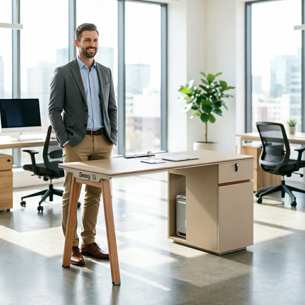 LIVARA 120/140cm Single Person Office Desk, Built-in Power Socket, Lockable Side Cabinet, E1 Eco Board - Apricot & Russet Orange