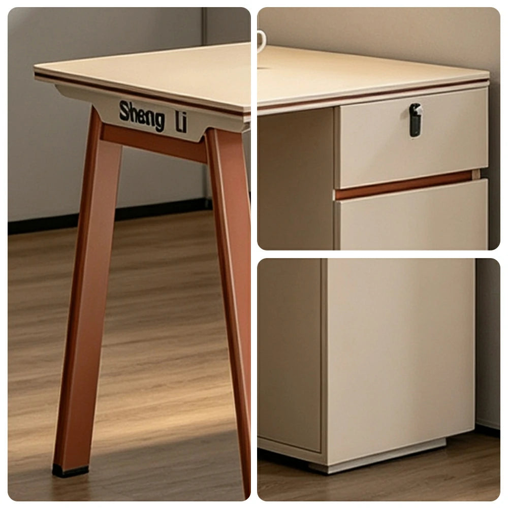 LIVARA 120/140cm Single Person Office Desk, Built-in Power Socket, Lockable Side Cabinet, E1 Eco Board - Apricot & Russet Orange