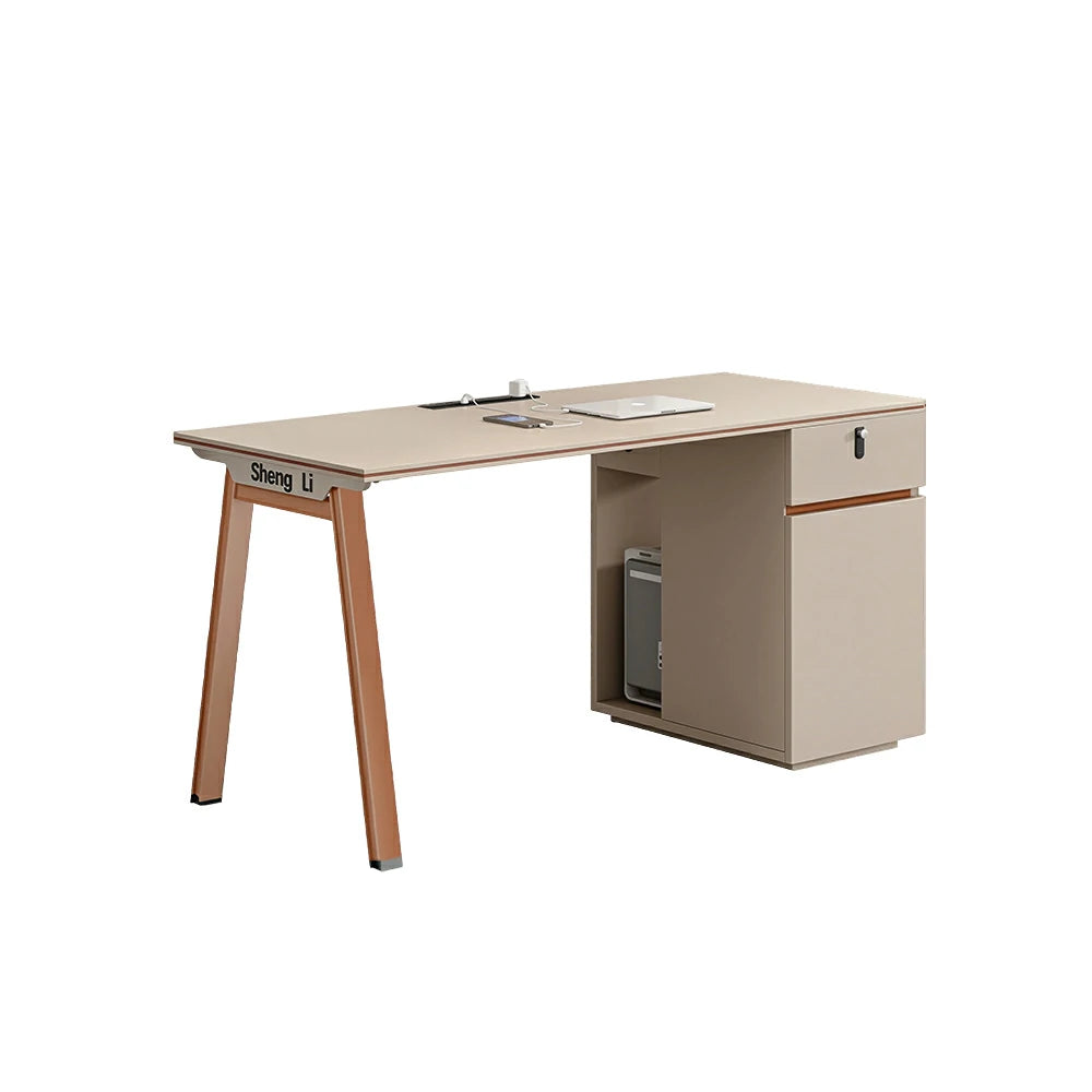 LIVARA 120/140cm Single Person Office Desk, Built-in Power Socket, Lockable Side Cabinet, E1 Eco Board - Apricot & Russet Orange
